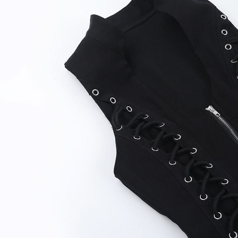 Zip-up u neck lace up sleeveless solid top  | Festival Outfits Women