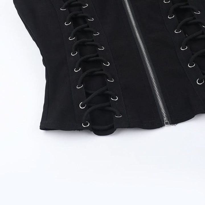 Zip-up u neck lace up sleeveless solid top  | Festival Outfits Women