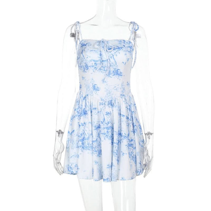 Square neck print self tie cami mini dress  | Festival Outfits Women