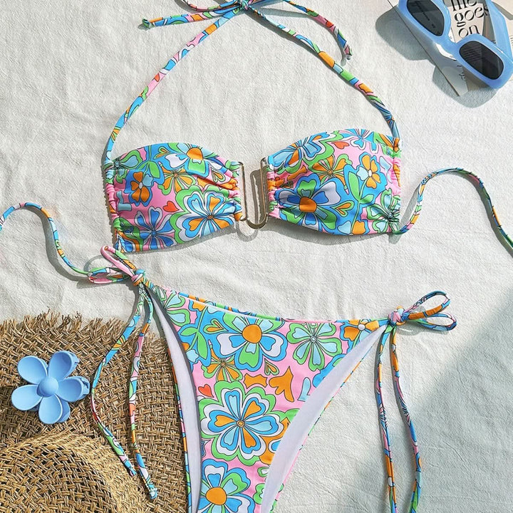 Ruched self tie halter flower print bikini swimwear