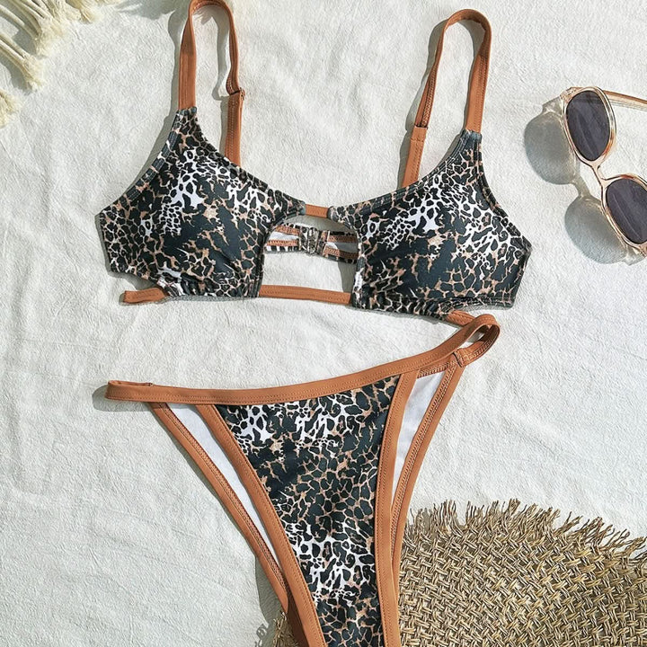 Leopard print hollow out u neck cami bikini swimwear