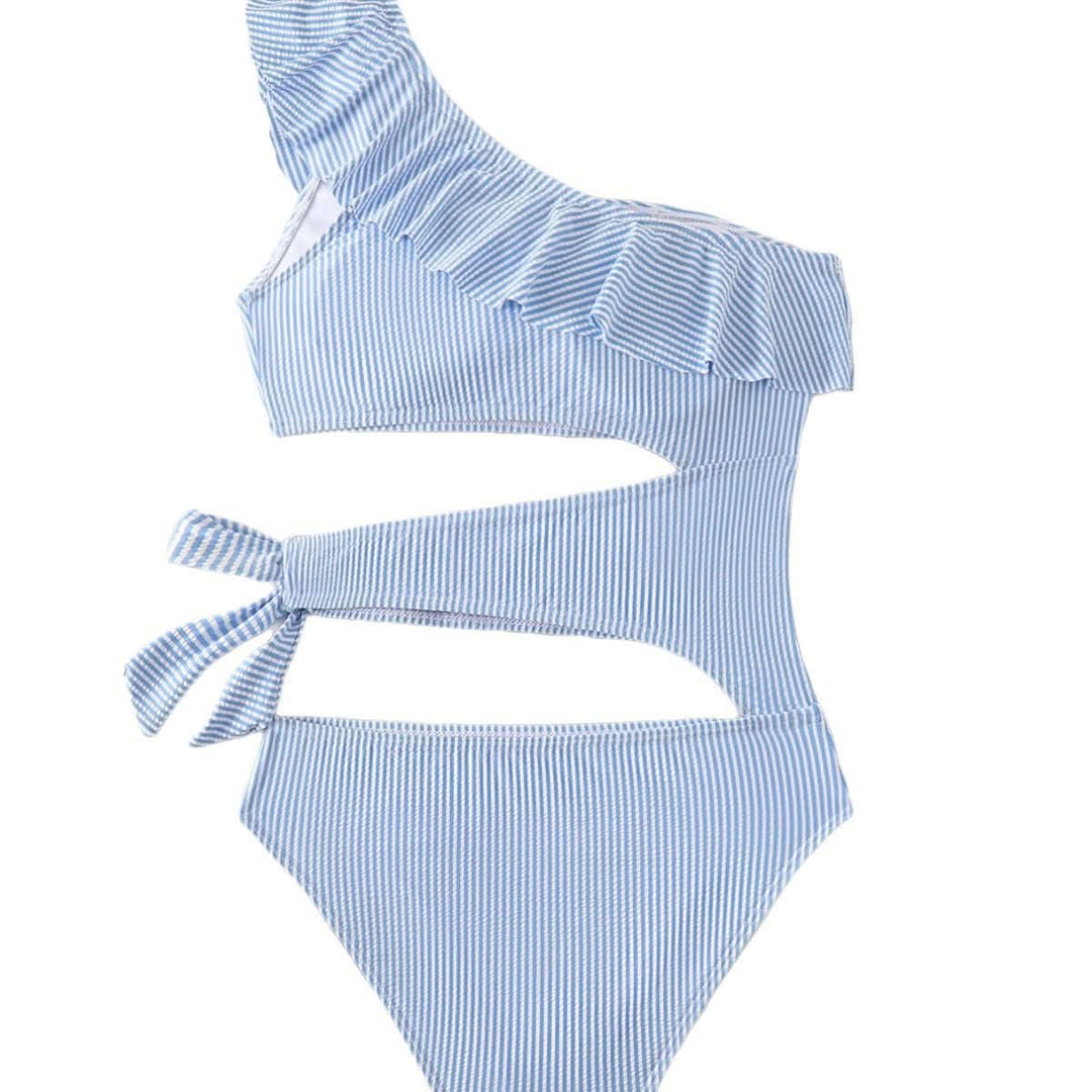 Ruffle one shoulder hollow out striped one piece swimwear