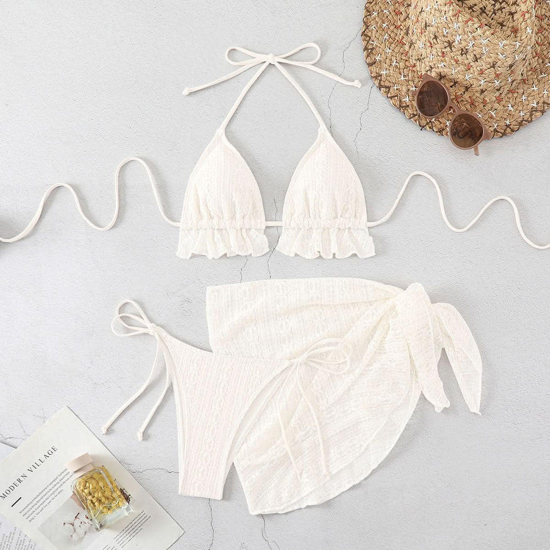 Lace halter self tie v neck 3 piece swimwear