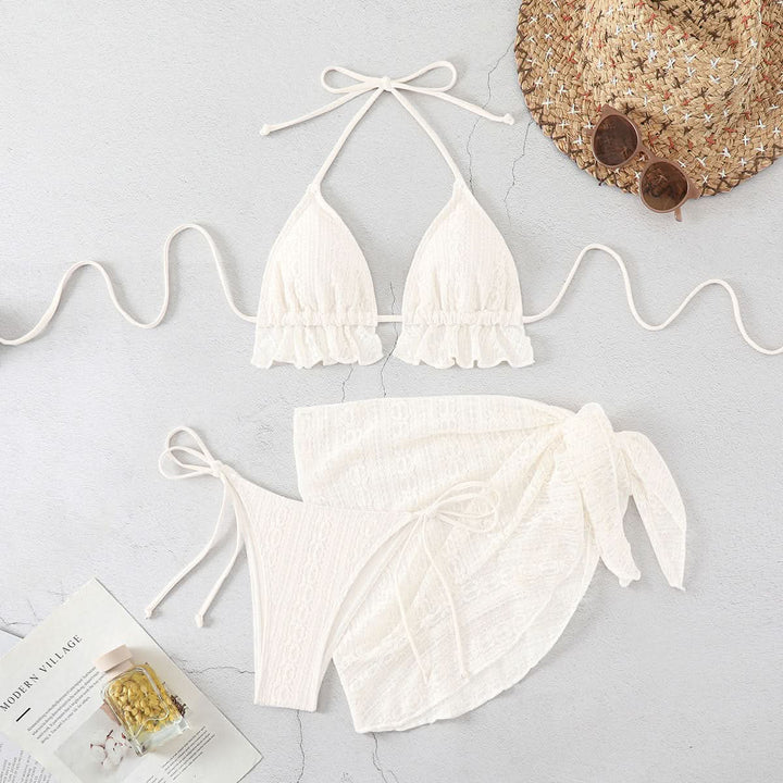 Lace halter self tie v neck 3 piece swimwear