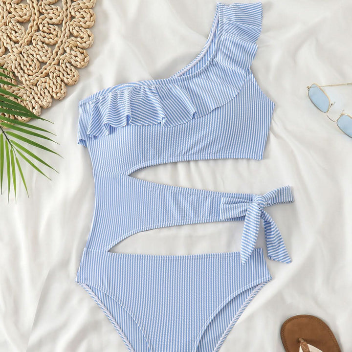 Ruffle one shoulder hollow out striped one piece swimwear