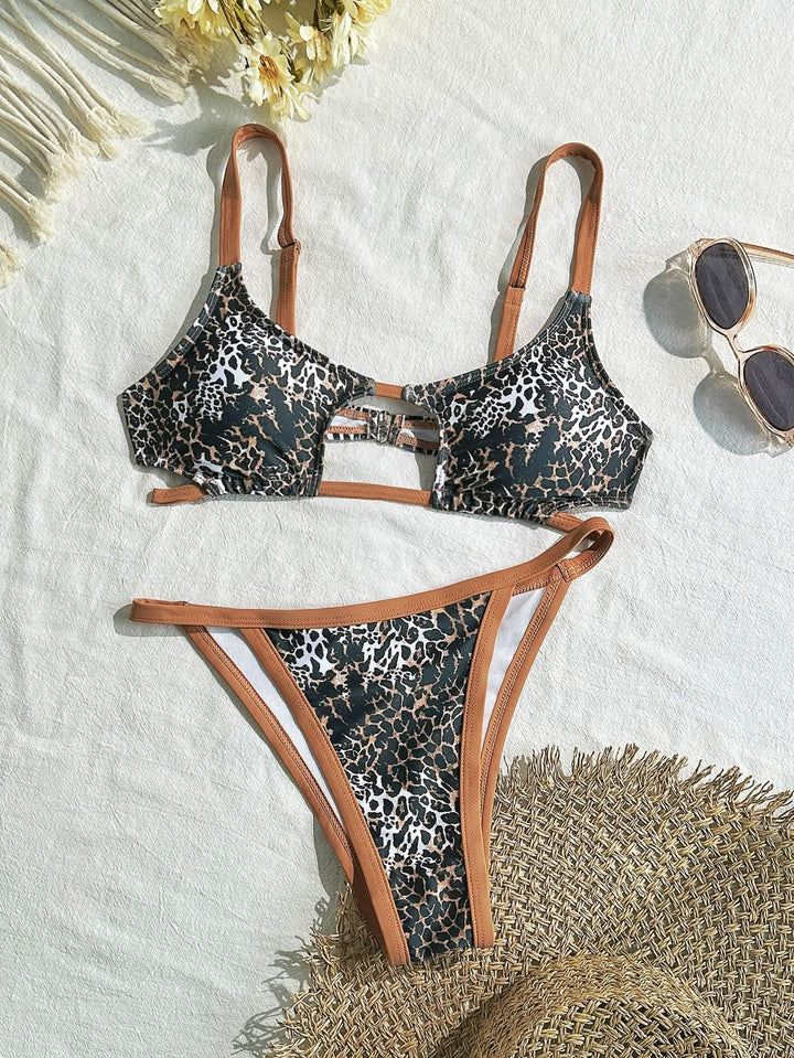 Leopard print hollow out u neck cami bikini swimwear