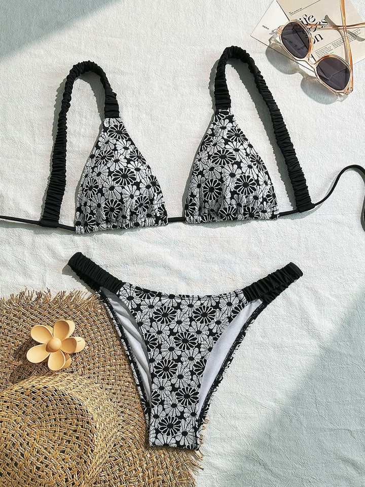 Self tie flower print v neck bikini swimwear