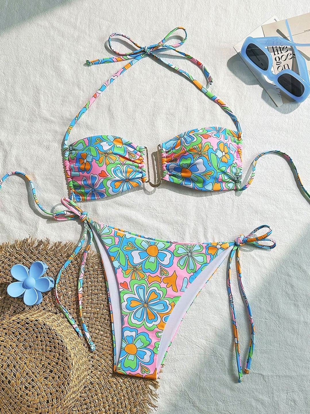 Ruched self tie halter flower print bikini swimwear