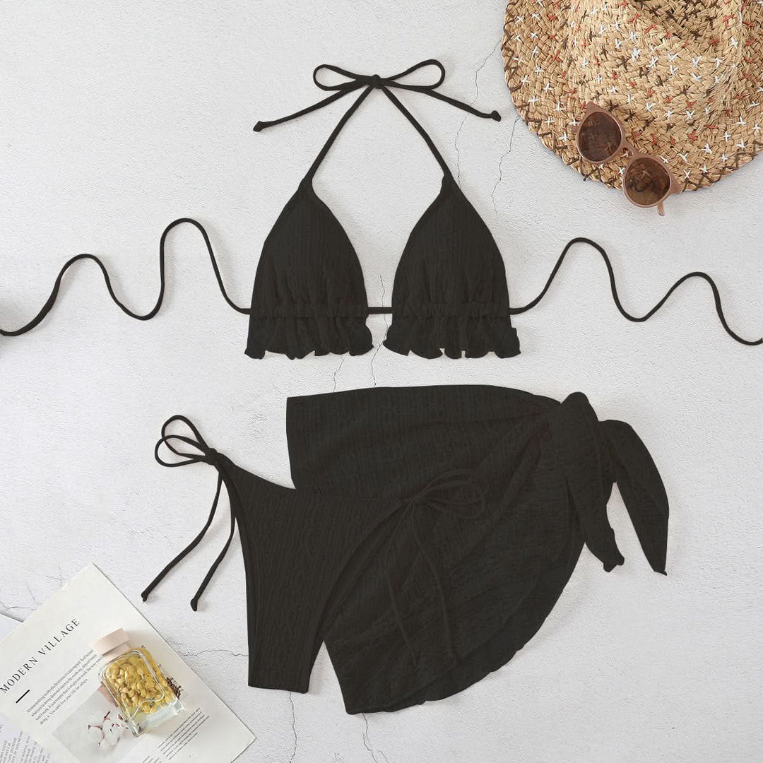 Lace halter self tie v neck 3 piece swimwear