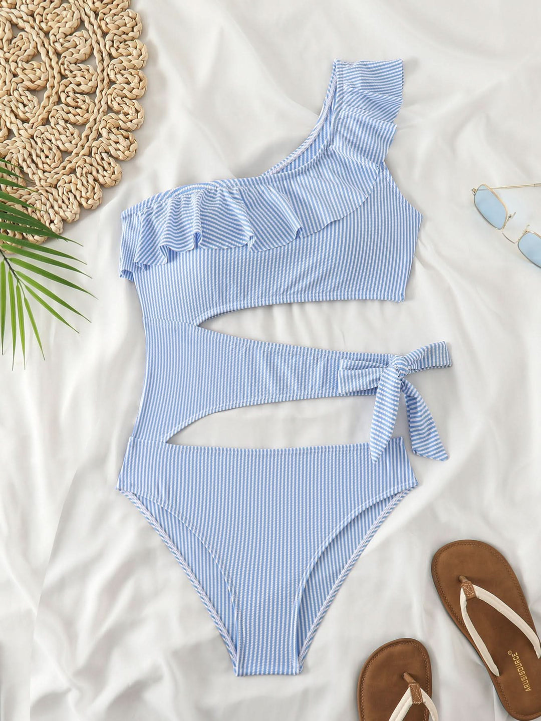 Ruffle one shoulder hollow out striped one piece swimwear