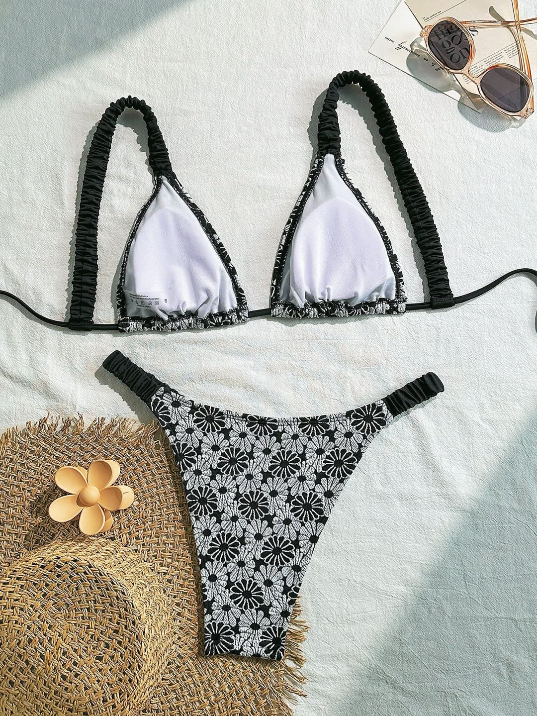 Self tie flower print v neck bikini swimwear