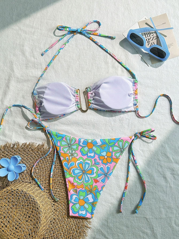Ruched self tie halter flower print bikini swimwear