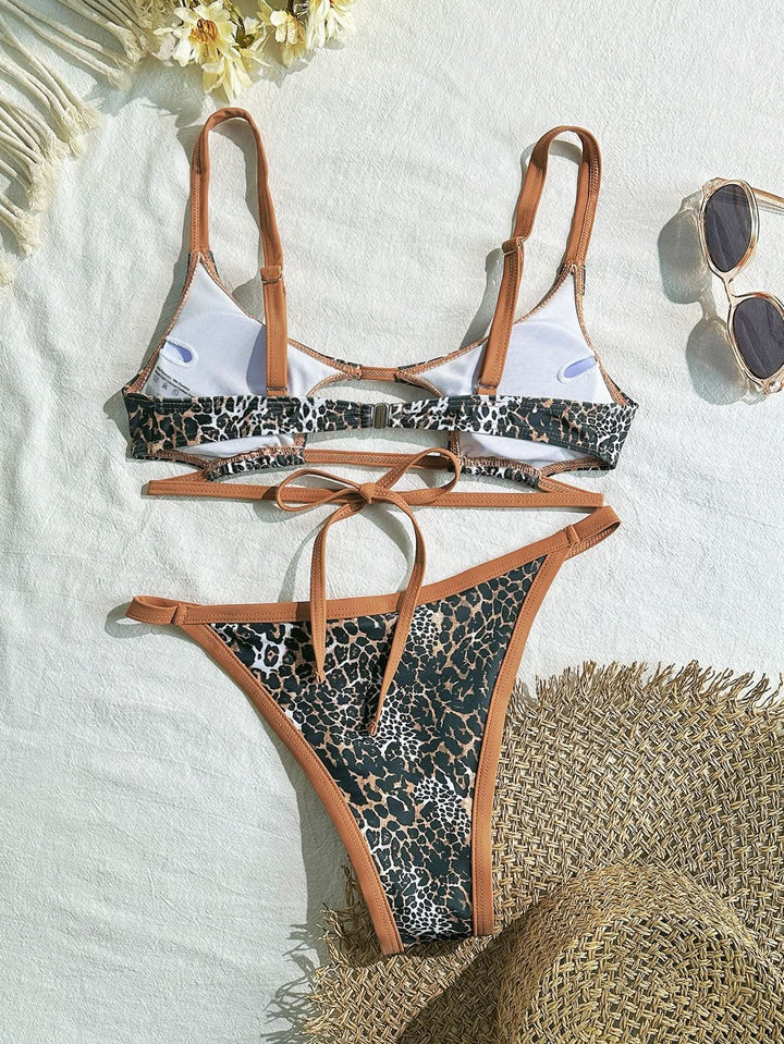 Leopard print hollow out u neck cami bikini swimwear