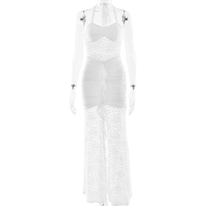 Halter self tie ruched lace v neck maxi dress  | Festival Outfits Women