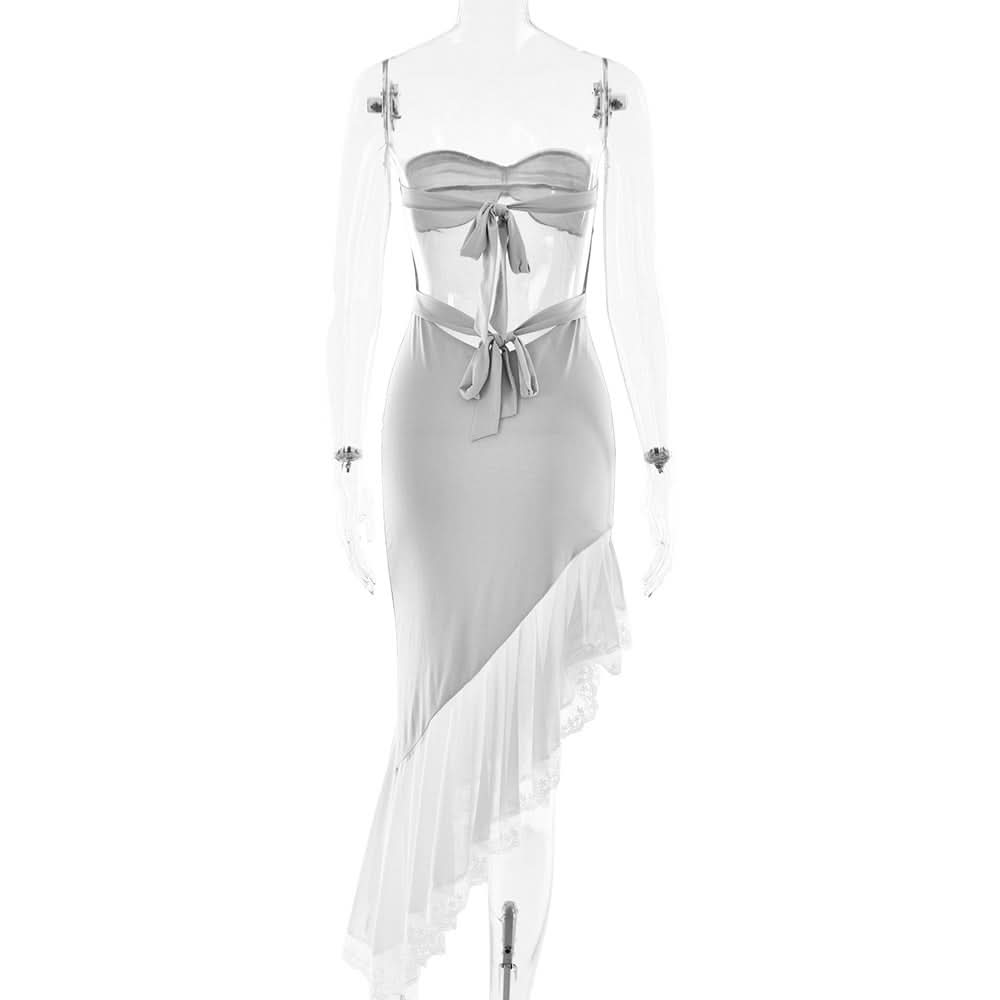 Irregular lace hem self tie tube midi dress  | Festival Outfits Women