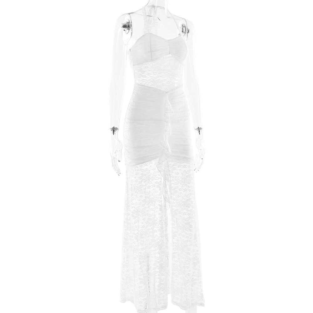 Halter self tie ruched lace v neck maxi dress  | Festival Outfits Women