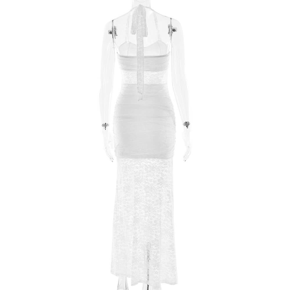 Halter self tie ruched lace v neck maxi dress  | Festival Outfits Women