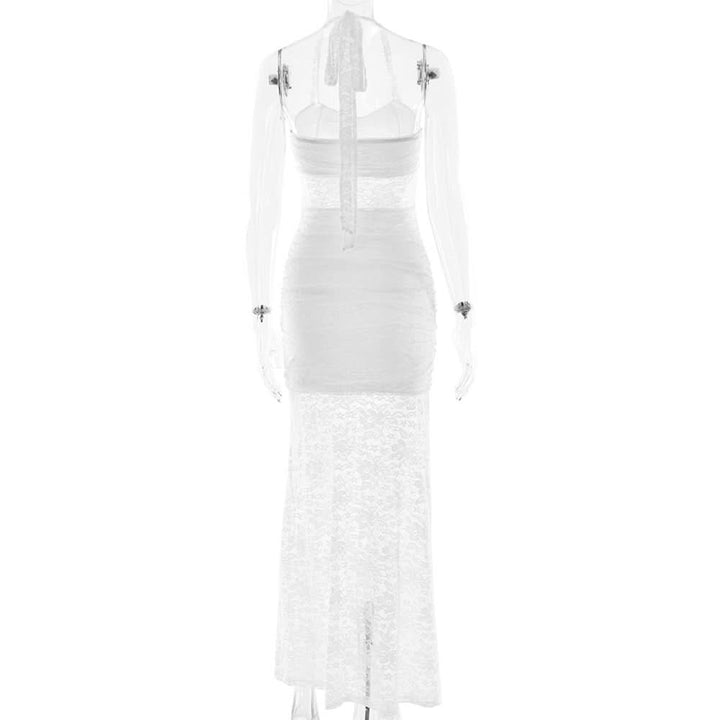 Halter self tie ruched lace v neck maxi dress  | Festival Outfits Women
