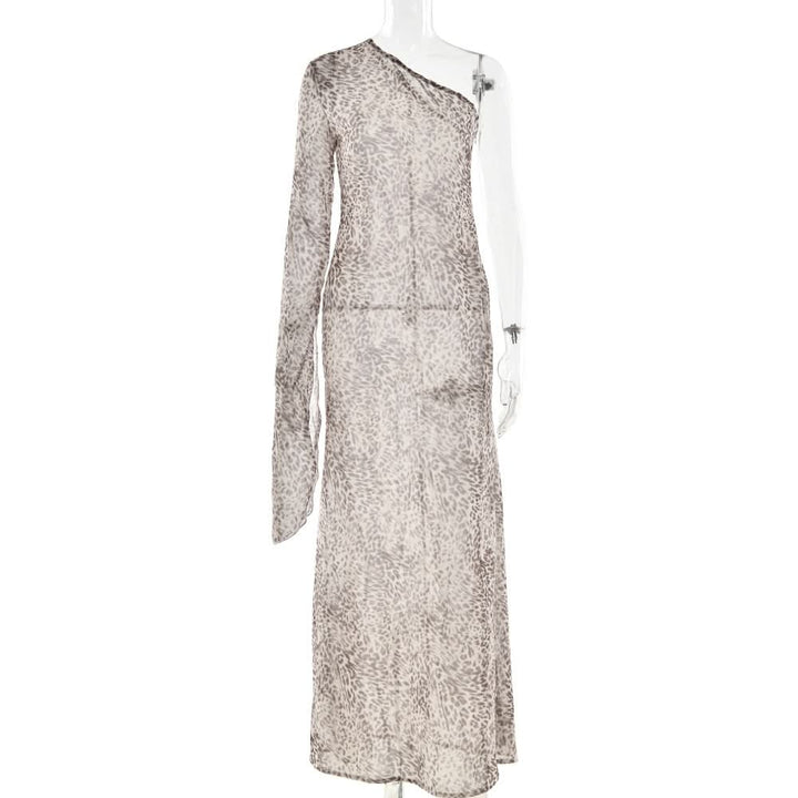 Leopard print long sleeve one shoulder chiffon maxi dress  | Festival Outfits Women