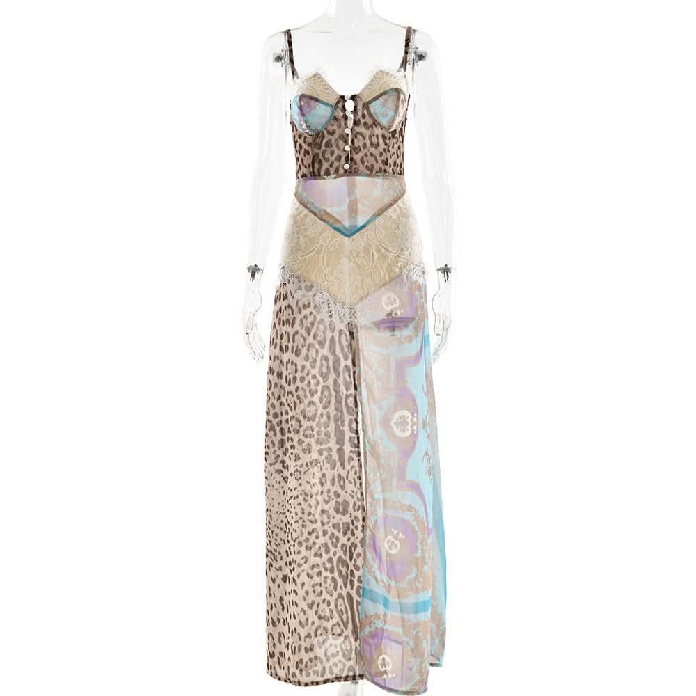 Zip-up slit button lace chiffon cami maxi dress  | Festival Outfits Women