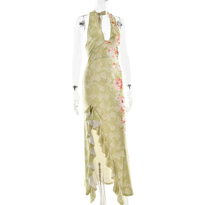 Slit ruffle flower print halter ruched mini dress  | Festival Outfits Women