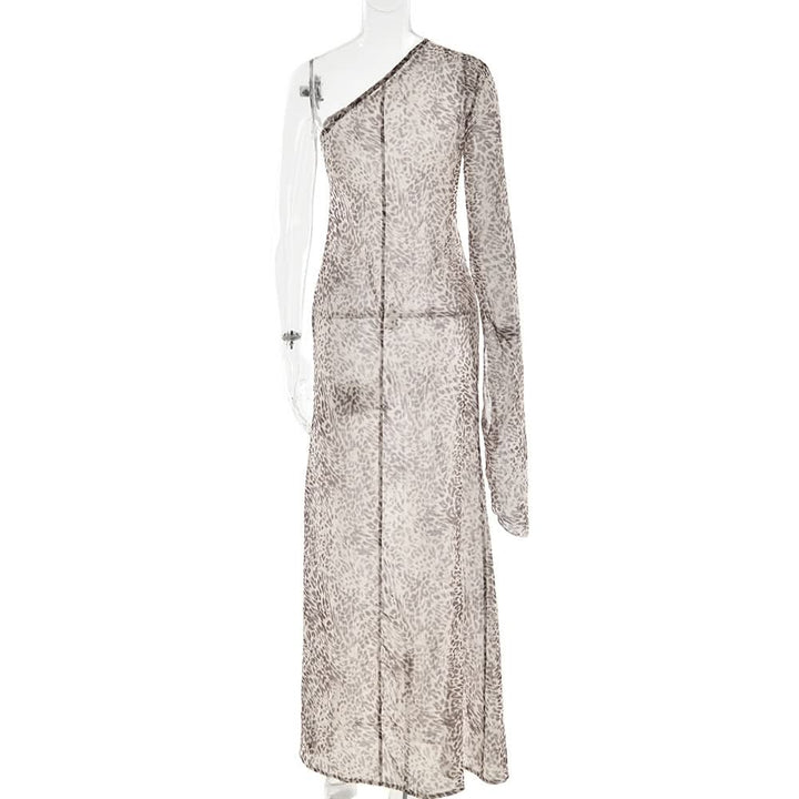 Leopard print long sleeve one shoulder chiffon maxi dress  | Festival Outfits Women