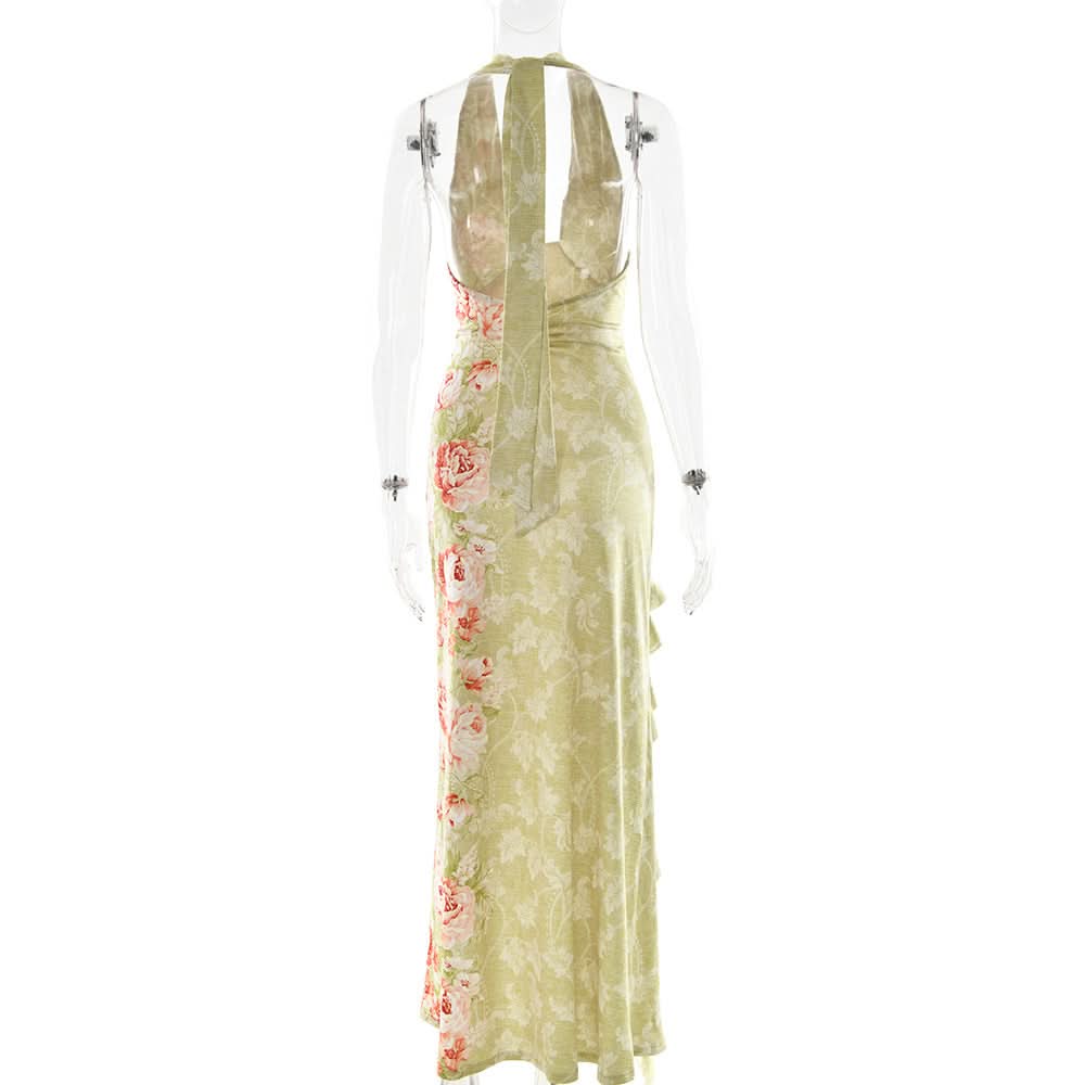 Slit ruffle flower print halter ruched mini dress  | Festival Outfits Women