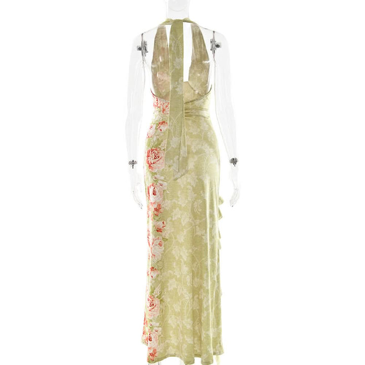 Slit ruffle flower print halter ruched mini dress  | Festival Outfits Women