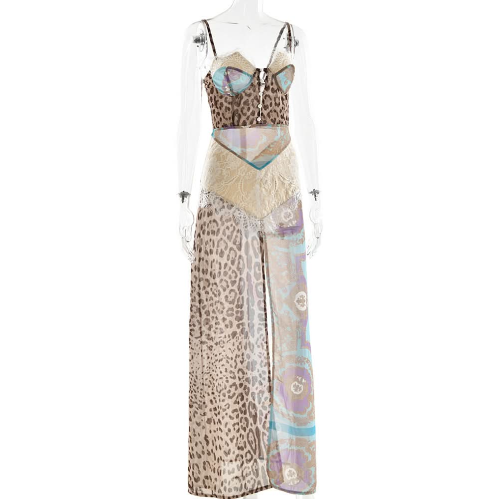 Zip-up slit button lace chiffon cami maxi dress  | Festival Outfits Women