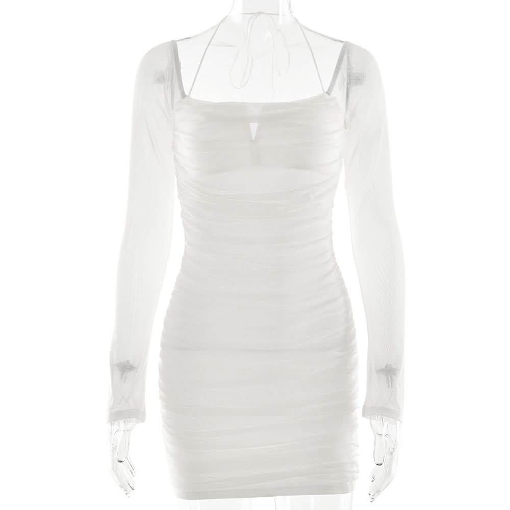 Long sleeve ruched mesh halter self tie mini dress  | Festival Outfits Women