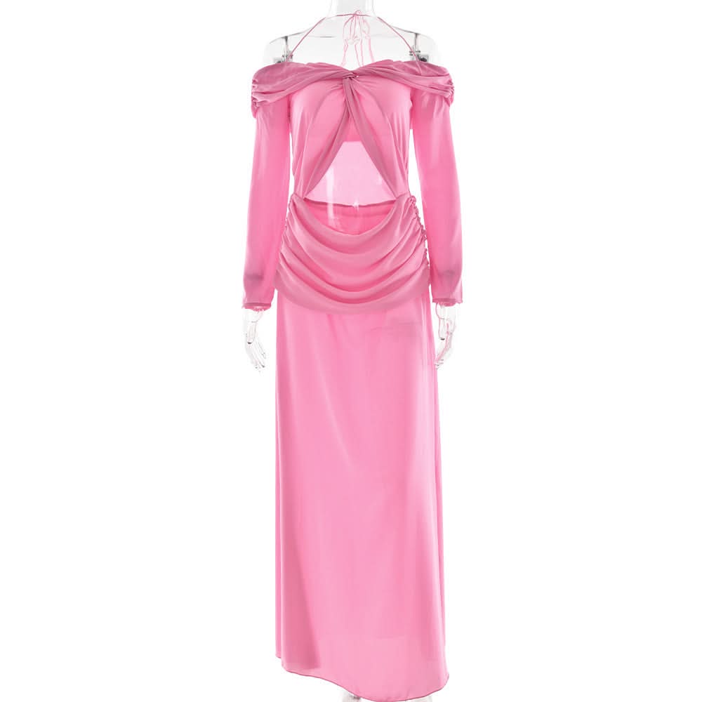 Halter hollow out off shoulder chiffon cut out maxi dress  | Festival Outfits Women