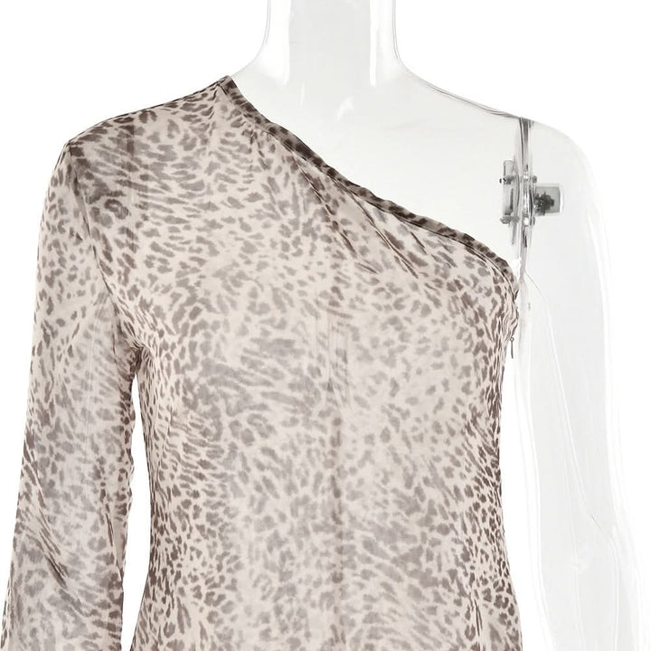 Leopard print long sleeve one shoulder chiffon maxi dress  | Festival Outfits Women