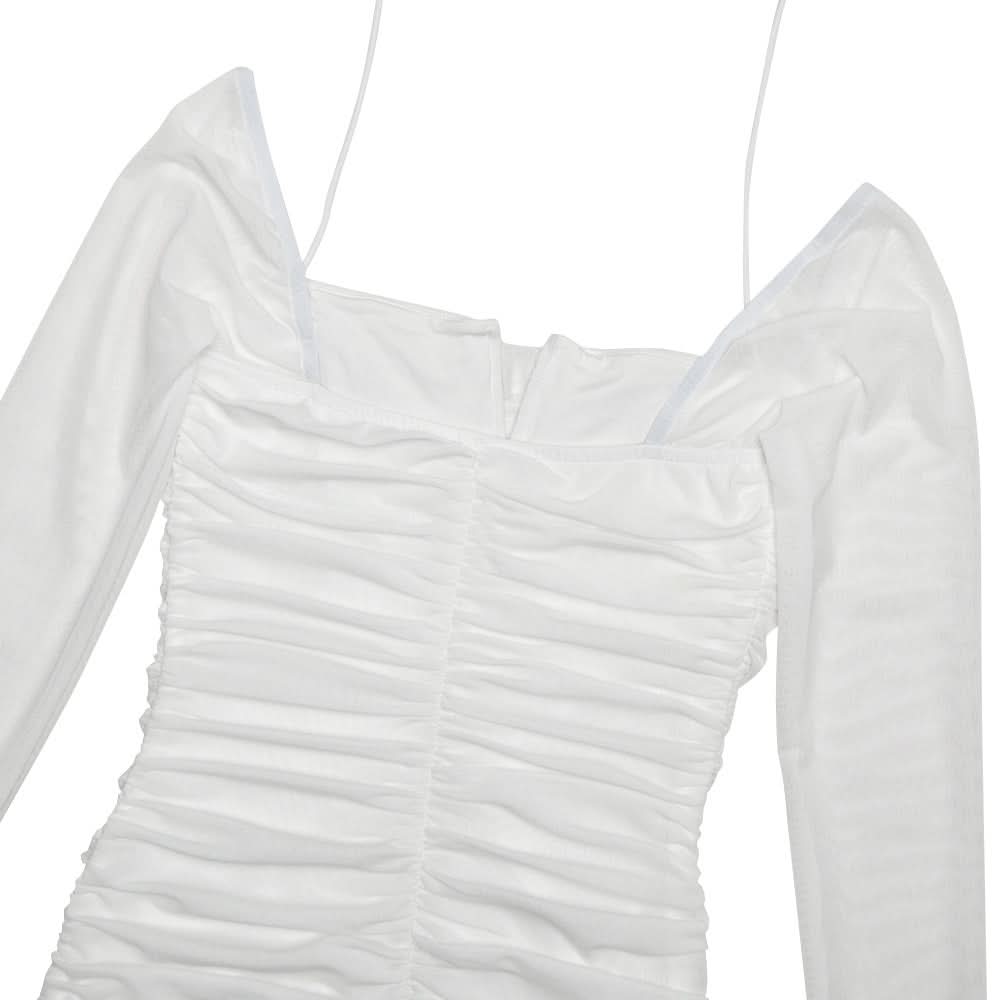 Long sleeve ruched mesh halter self tie mini dress  | Festival Outfits Women