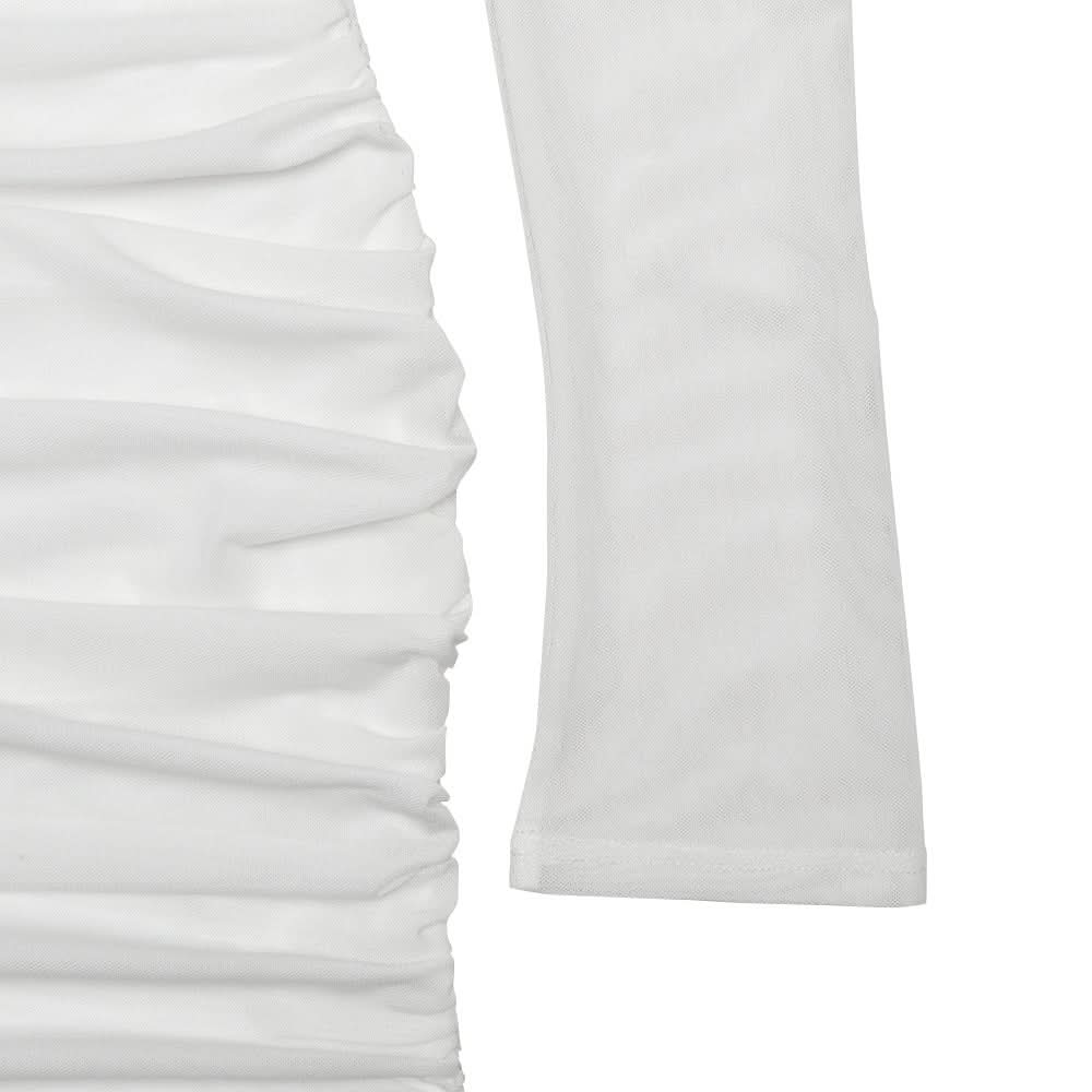 Long sleeve ruched mesh halter self tie mini dress  | Festival Outfits Women