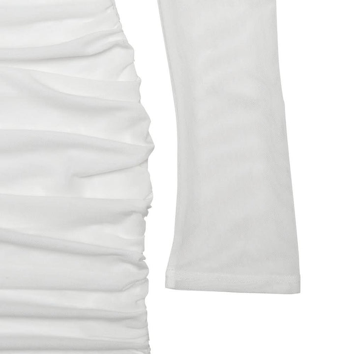 Long sleeve ruched mesh halter self tie mini dress  | Festival Outfits Women