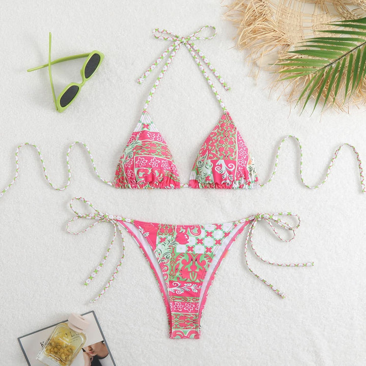 Halter self tie print v neck bikini swimwear