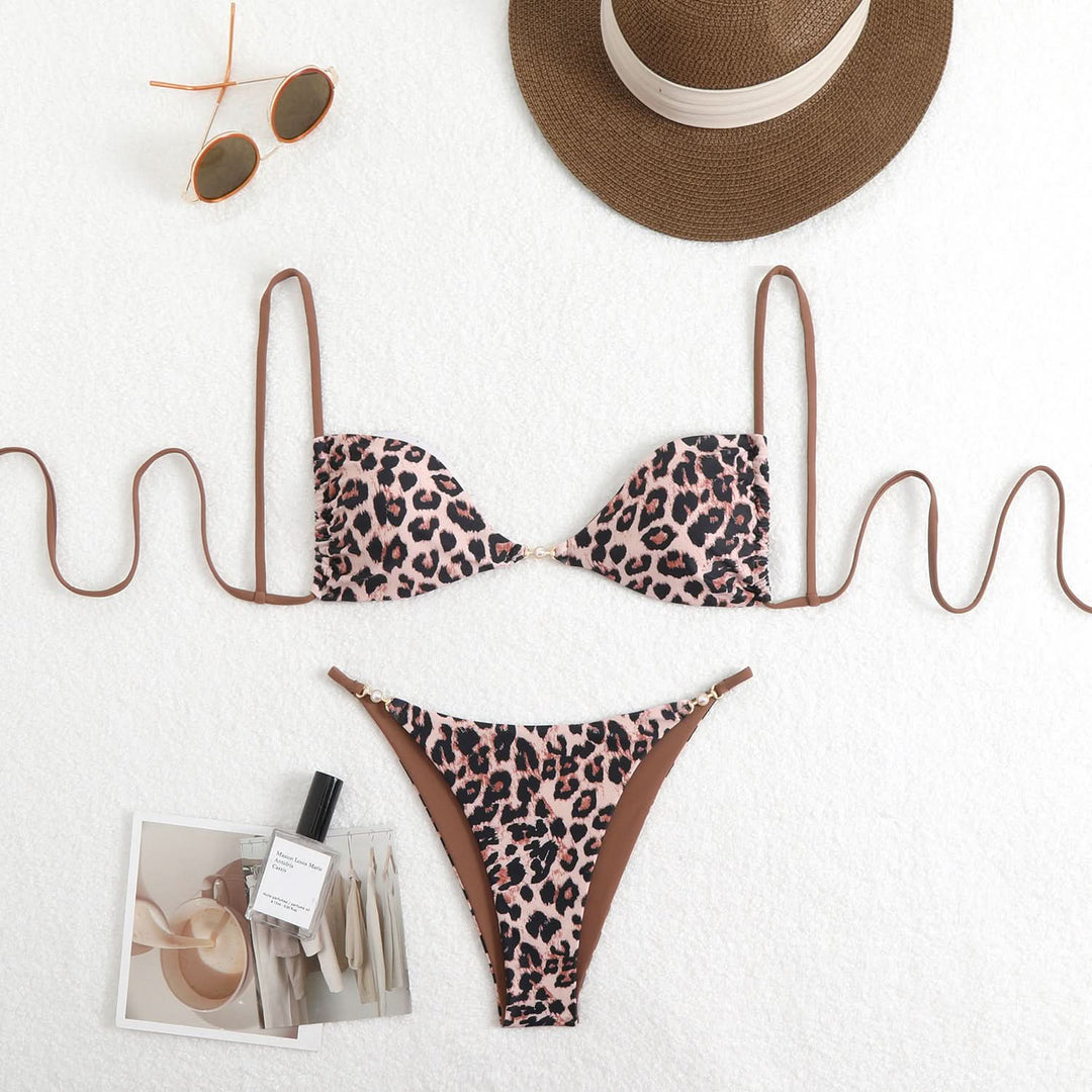 Leopard print self tie v neck cami bikini swimwear