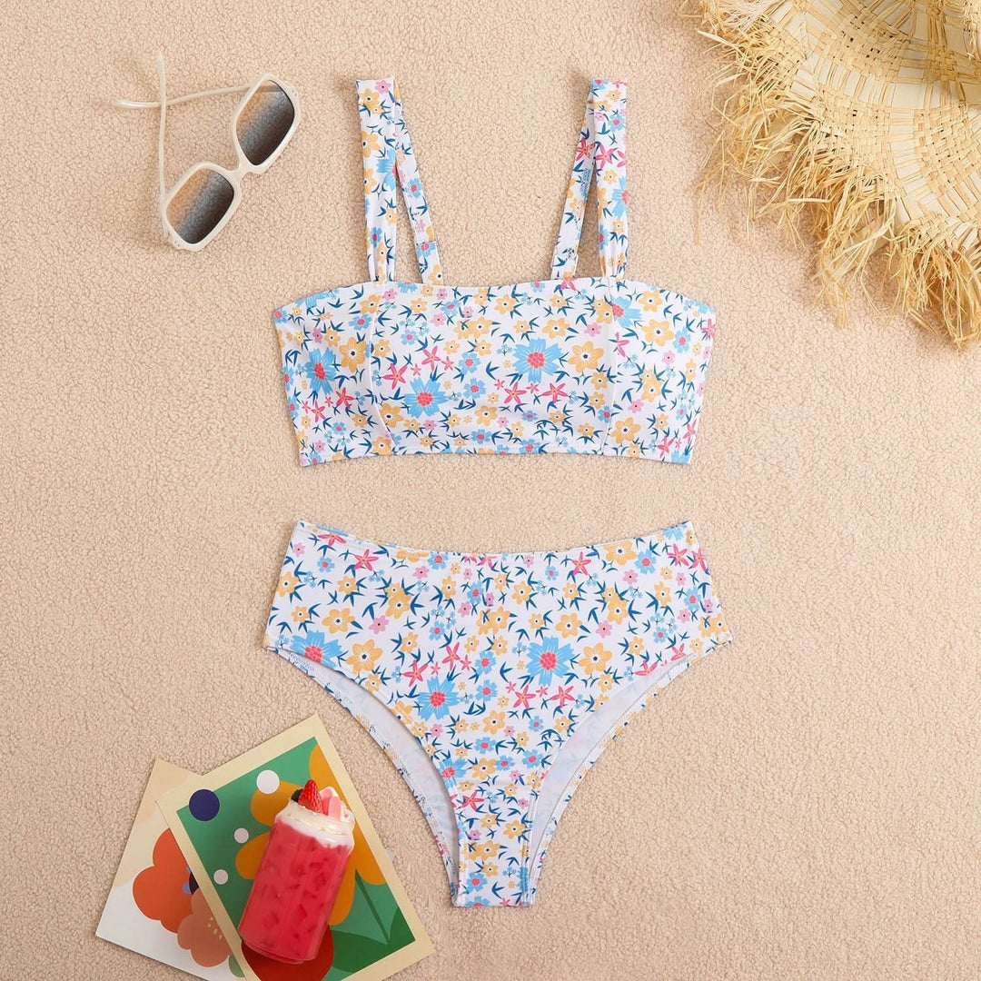 Square neck flower print cami bikini swimwear