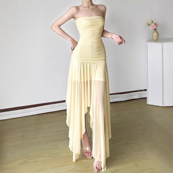 Ruched mesh backless solid tube maxi dress  | Festival Outfits Women-final-sale