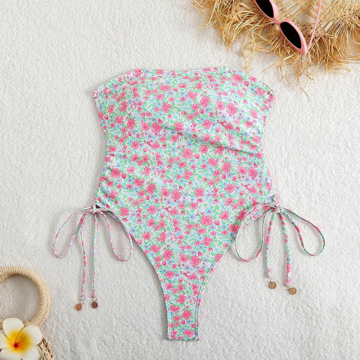 Self tie flower print tube one piece swimwear
