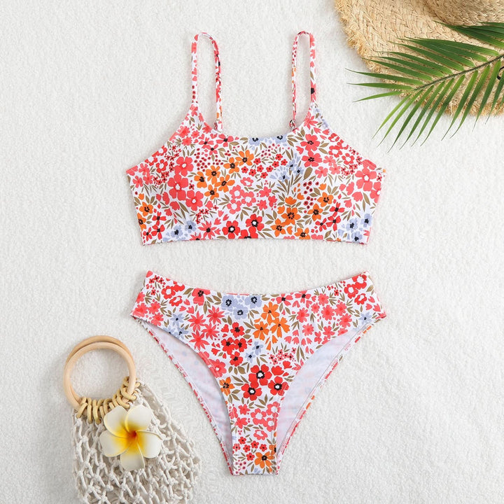 U neck flower print cami bikini swimwear