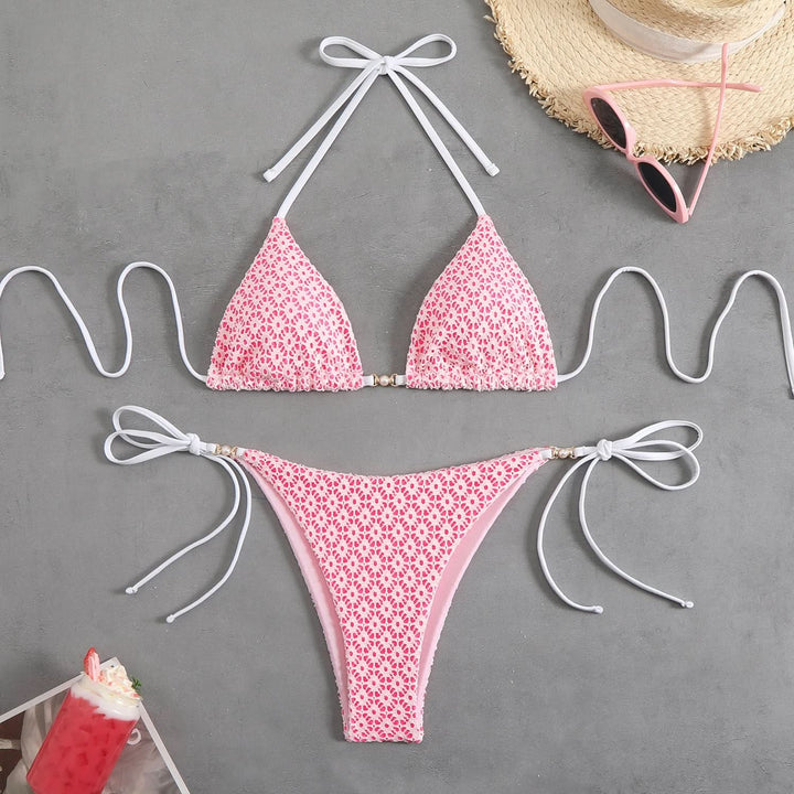 Self tie halter padded v neck bikini swimwear