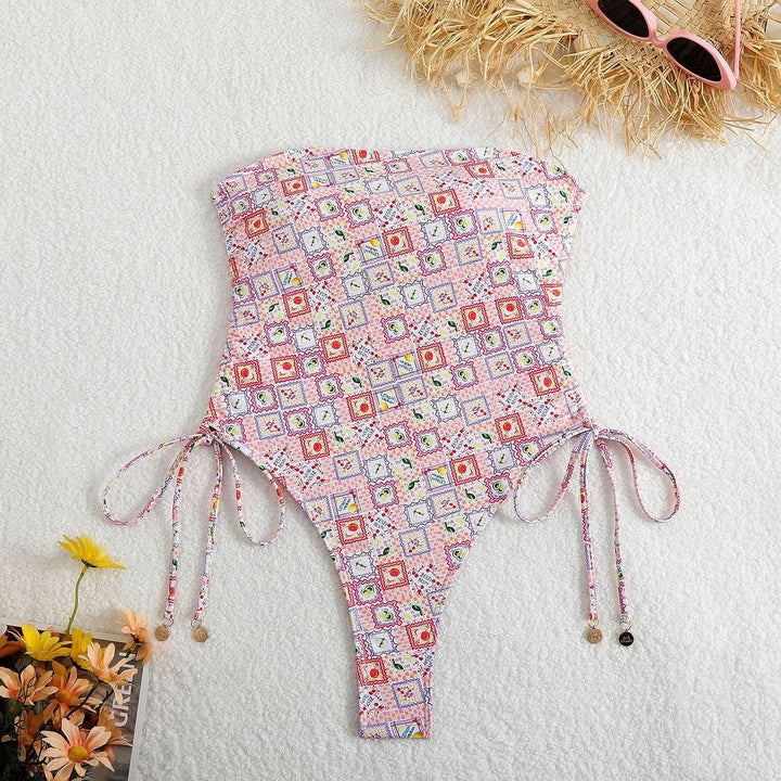 Self tie flower print tube one piece swimwear