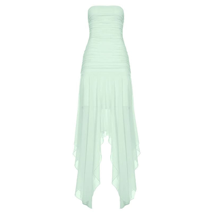 Ruched mesh backless solid tube maxi dress  | Festival Outfits Women-final-sale