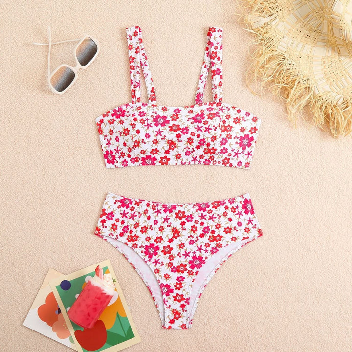 Square neck flower print cami bikini swimwear