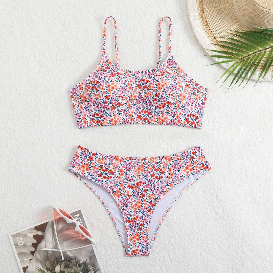 U neck flower print cami bikini swimwear