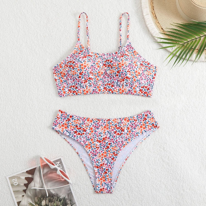 U neck flower print cami bikini swimwear
