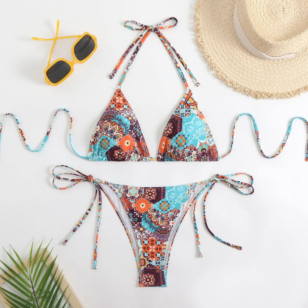 Halter self tie print v neck bikini swimwear