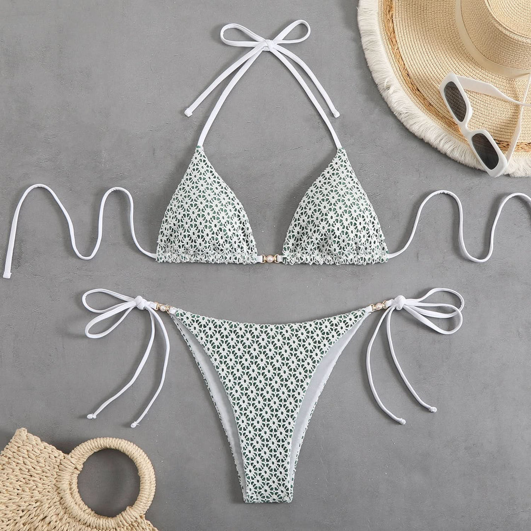 Self tie halter padded v neck bikini swimwear
