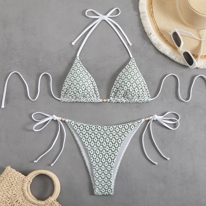 Self tie halter padded v neck bikini swimwear
